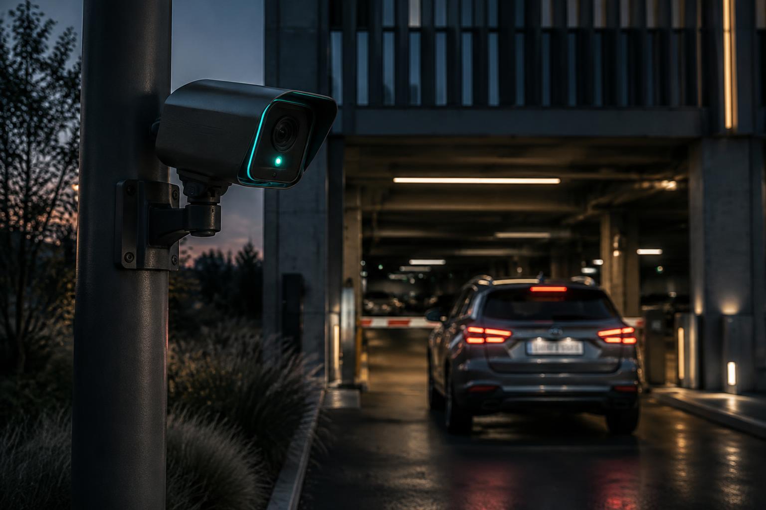 Kentekencamera bij een parkeerinrit tijdens de avond